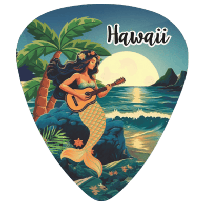 A guitar-shaped sticker or decal featuring a tropical Hawaiian scene with a mermaid playing an acoustic guitar by the ocean, under a large moon, with the word "Hawaii" printed at the top.