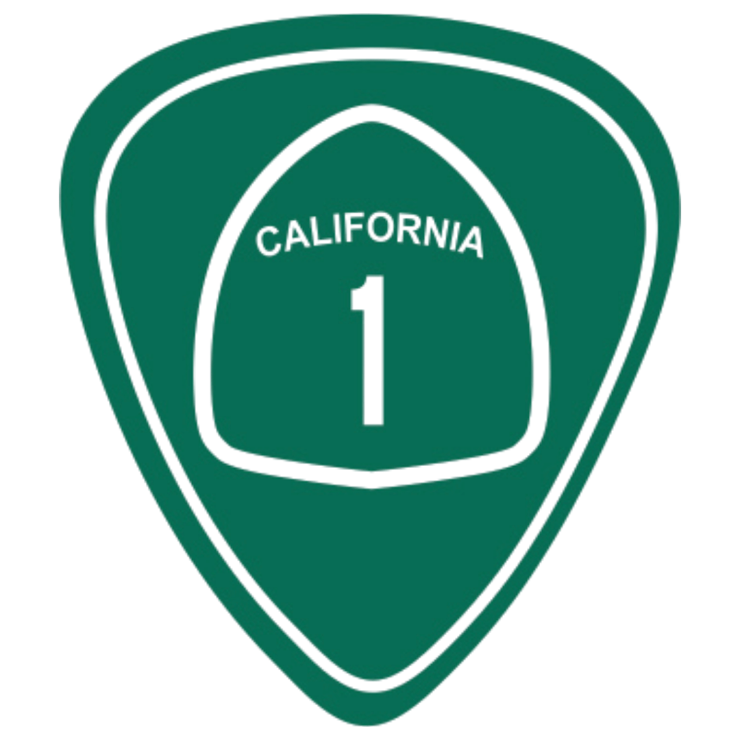 A green and white shield-shaped sticker or patch featuring the text 'CALIFORNIA' and the number '1' in the center, isolated on a white background.