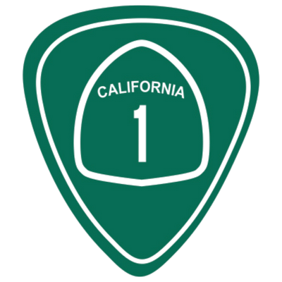 A green and white shield-shaped sticker or patch featuring the text 'CALIFORNIA' and the number '1' in the center, isolated on a white background.