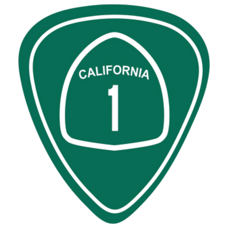 A green and white shield-shaped sticker or patch featuring the text 'CALIFORNIA' and the number '1' in the center, isolated on a white background.