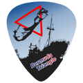 A guitar pick featuring a Bermuda Triangle graphic design, with a blue gradient sky, a black ship silhouette, a red triangle outline, and the text 'Bermuda Triangle' in white and red.