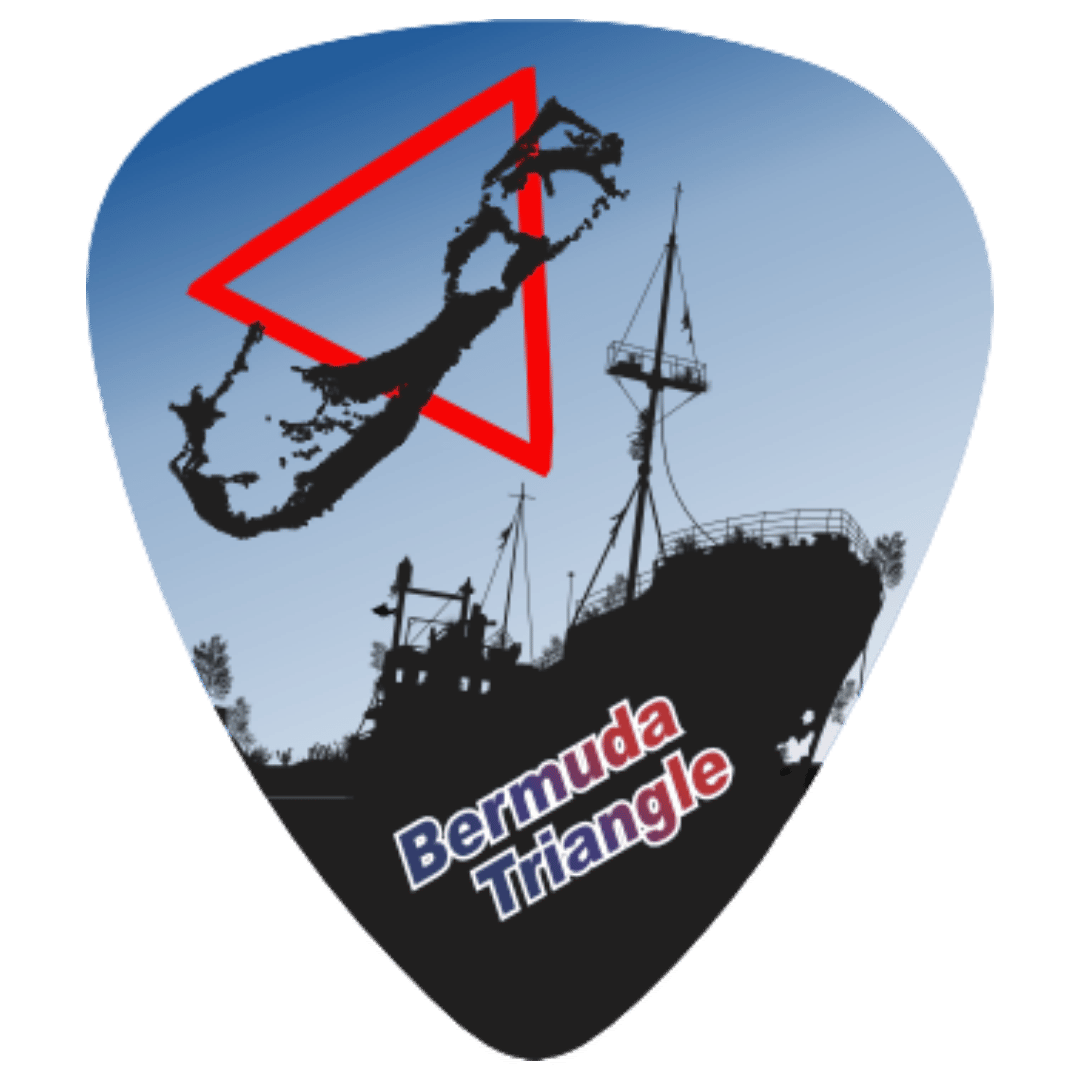 A guitar pick featuring a Bermuda Triangle graphic design, with a blue gradient sky, a black ship silhouette, a red triangle outline, and the text 'Bermuda Triangle' in white and red.