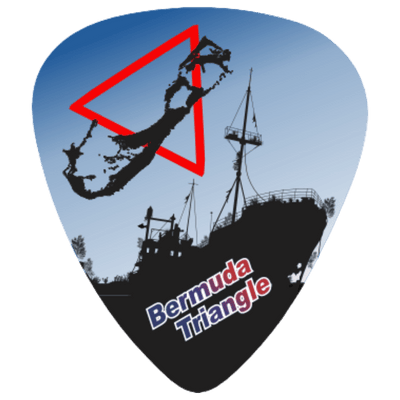A guitar pick featuring a Bermuda Triangle graphic design, with a blue gradient sky, a black ship silhouette, a red triangle outline, and the text 'Bermuda Triangle' in white and red.