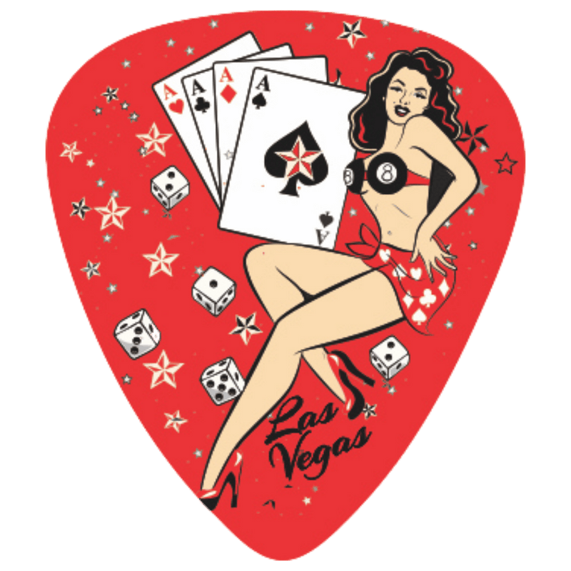 A red guitar-pick-shaped graphic featuring a pin-up style woman in a bikini, playing cards, dice, stars, and the text 'Las Vegas'.