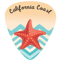 A guitar-pick-shaped graphic with the words "California Coast" at the top, a red-orange starfish in the center, and turquoise and white chevron stripes below on a white background.