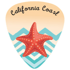 A guitar-pick-shaped graphic with the words "California Coast" at the top, a red-orange starfish in the center, and turquoise and white chevron stripes below on a white background.