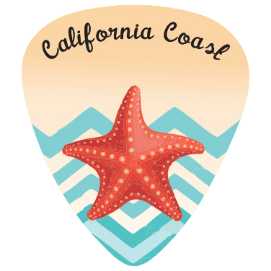 A guitar-pick-shaped graphic with the words "California Coast" at the top, a red-orange starfish in the center, and turquoise and white chevron stripes below on a white background.