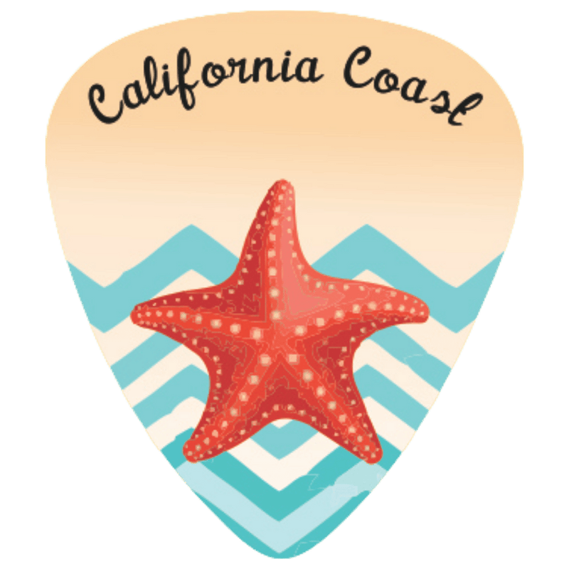A guitar-pick-shaped graphic with the words "California Coast" at the top, a red-orange starfish in the center, and turquoise and white chevron stripes below on a white background.