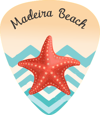 Pickle with red starfish design and 'Madeira Beach' text on a beige background with blue and white zigzag pattern.