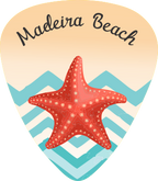 Pickle with red starfish design and 'Madeira Beach' text on a beige background with blue and white zigzag pattern.