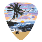 A guitar-pick-shaped sticker or patch featuring a Hawaii beach sunset scene with a palm tree, ocean waves, rocky shore, sandy beach, and the word "Hawaii" in script.