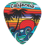 A guitar pick featuring a colorful retro California sunset illustration with palm trees, waves, and the word 'California' in white script at the top.