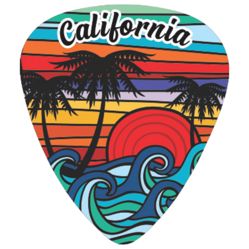 A guitar pick featuring a colorful retro California sunset illustration with palm trees, waves, and the word 'California' in white script at the top.