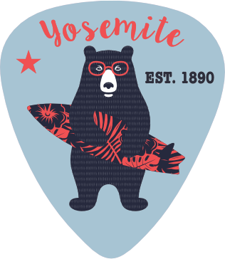 Guitar pick with a bear design, sunglasses, and 'Yosemite Est. 1890' text on a light blue background