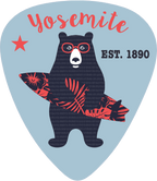 Guitar pick with a bear design, sunglasses, and 'Yosemite Est. 1890' text on a light blue background