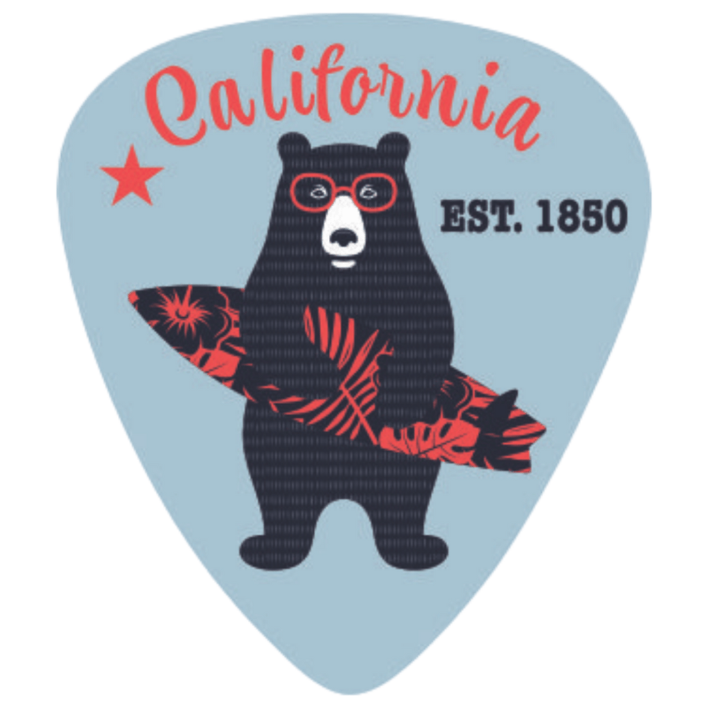 A guitar-pick-shaped graphic with a light blue background, featuring a black bear wearing red glasses and holding a red-and-black patterned surfboard. The word 'California' appears in red script at the top, with 'EST.