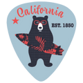 A guitar-pick-shaped graphic with a light blue background, featuring a black bear wearing red glasses and holding a red-and-black patterned surfboard. The word 'California' appears in red script at the top, with 'EST.