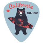 A guitar-pick-shaped graphic with a light blue background, featuring a black bear wearing red glasses and holding a red-and-black patterned surfboard. The word 'California' appears in red script at the top, with 'EST.
