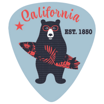 A guitar-pick-shaped graphic with a light blue background, featuring a black bear wearing red glasses and holding a red-and-black patterned surfboard. The word 'California' appears in red script at the top, with 'EST.