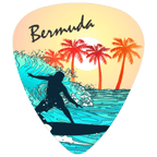 A guitar-pick-shaped graphic with the word "Bermuda" at the top, showing a stylized beach scene with palm trees, a sunset, ocean waves, and a surfer silhouette.