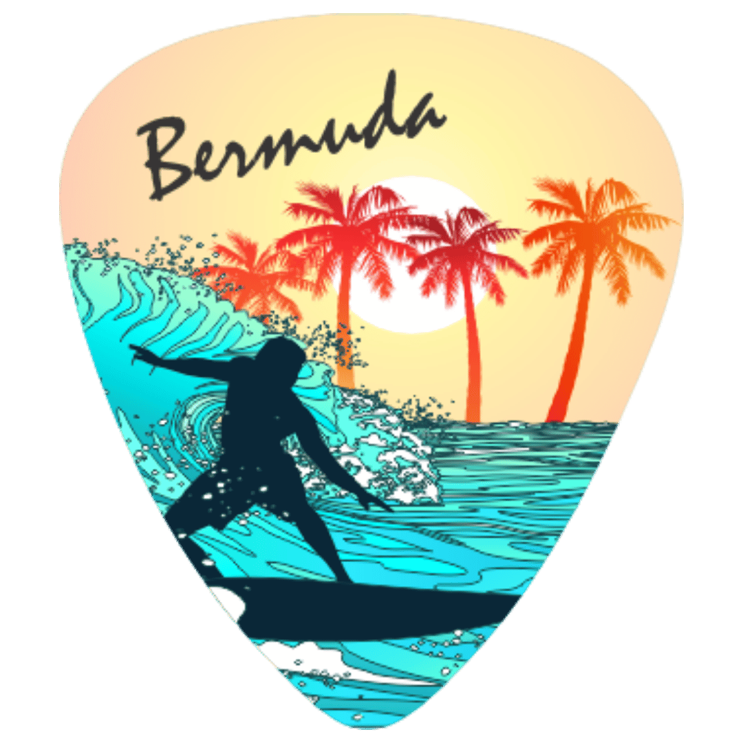 A guitar-pick-shaped graphic with the word "Bermuda" at the top, showing a stylized beach scene with palm trees, a sunset, ocean waves, and a surfer silhouette.