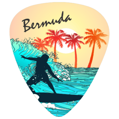 A guitar-pick-shaped graphic with the word "Bermuda" at the top, showing a stylized beach scene with palm trees, a sunset, ocean waves, and a surfer silhouette.