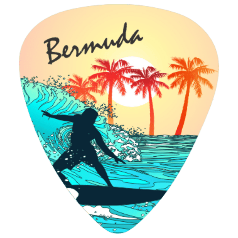 A guitar-pick-shaped graphic with the word "Bermuda" at the top, showing a stylized beach scene with palm trees, a sunset, ocean waves, and a surfer silhouette.