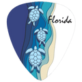 A guitar pick-shaped graphic featuring three illustrated sea turtles swimming in layered blue water, with a sandy beige shoreline and the word 'Florida' in black script on a white background.