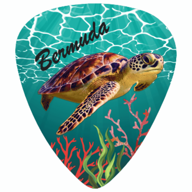 A guitar-style pick shaped graphic featuring a sea turtle swimming underwater on a turquoise ocean background, with coral reef details and the word "Bermuda" in black script near the top.