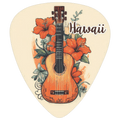 A guitar-shaped pick with a cream background featuring an illustration of a ukulele, orange hibiscus flowers, green leaves, and the word 'Hawaii' in brown script.