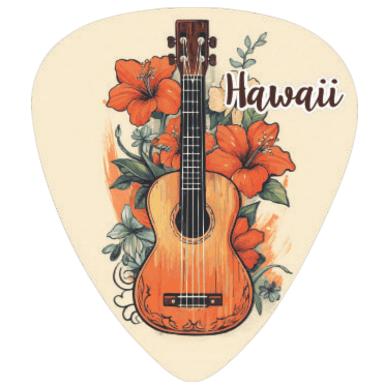 A guitar-shaped pick with a cream background featuring an illustration of a ukulele, orange hibiscus flowers, green leaves, and the word 'Hawaii' in brown script.