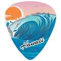 A guitar pick shaped like a stylized wave scene with an orange sun, blue ocean, and the word "Hawaii" in white script near the bottom, shown on a plain white background.