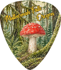 A guitar pick shaped like a forest scene with a large red-and-white mushroom in the center, green foliage, and yellow text reading 'Multnomah Falls Oregon' across the top.