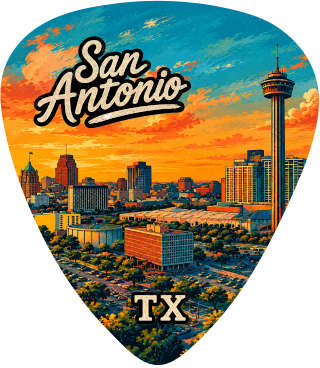 A guitar pick featuring a colorful San Antonio skyline illustration with the words 'San Antonio' at the top and 'TX' at the bottom, shown on a plain white background.