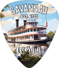 A guitar-pick-shaped souvenir print featuring an illustration of a Savannah, Georgia paddle steamer boat on water, with the text 'SAVANNAH EST. 1733' at the top and 'Georgia' at the bottom.