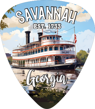 A guitar-pick-shaped souvenir print featuring an illustration of a Savannah, Georgia paddle steamer boat on water, with the text 'SAVANNAH EST. 1733' at the top and 'Georgia' at the bottom.